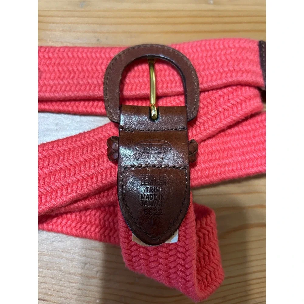 Talbots Coral Woven Braided Belt Brown Leather Trim Large Preppy Classic Bright